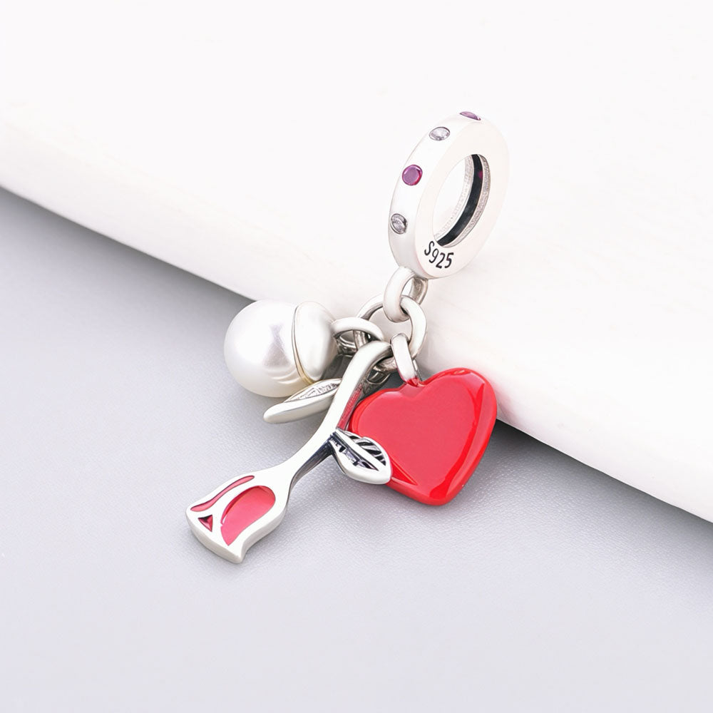 "Eternal Devotion" - 925 Sterling Silver Pearl Red Rose & Heart Dangle Charm
