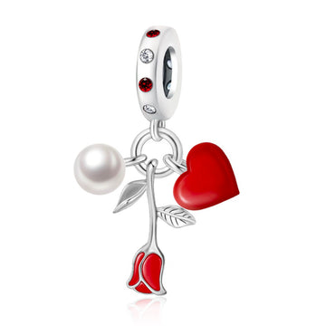 "Eternal Devotion" - 925 Sterling Silver Pearl Red Rose & Heart Dangle Charm