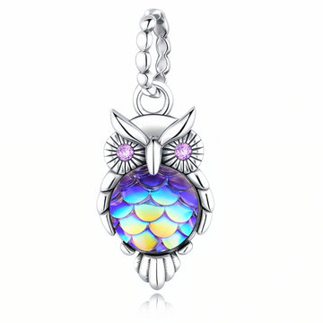"Mystic Insight" - 925 Sterling Silver Aurora Owl Zirconia Dangle Charm