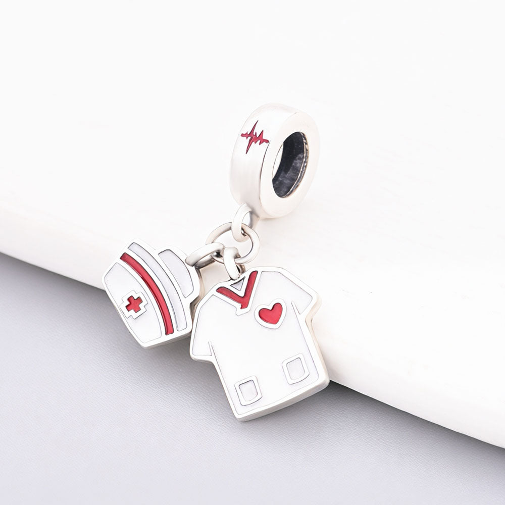 "Healing Pulse" - 925 Sterling Silver Nurse Uniform & Cap Dangle Charm
