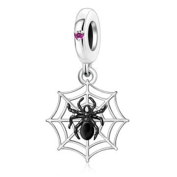 "Shadow Weaver" - 925 Sterling Silver Spider Web Zirconia Dangle Charm
