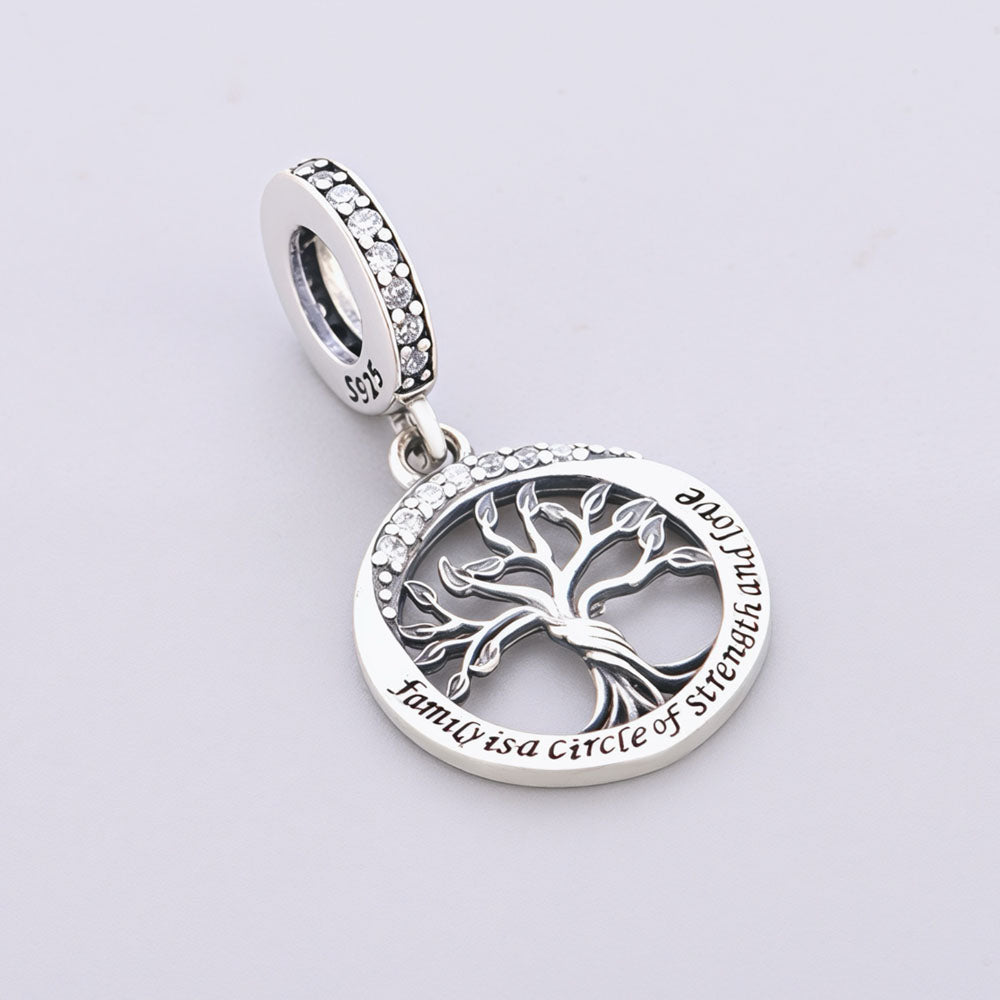 "Eternal Root" - 925 Sterling Silver Family Tree Zirconia Dangle Charm