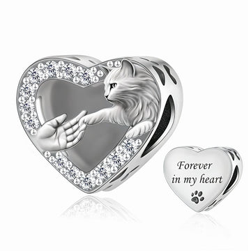 "Soul Touch" - 925 Sterling Silver Cat and Human Hand Heart Charm