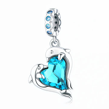 "Oceanic Rhythm" - 925 Sterling Silver Double Dolphin Heart Dangle Charm