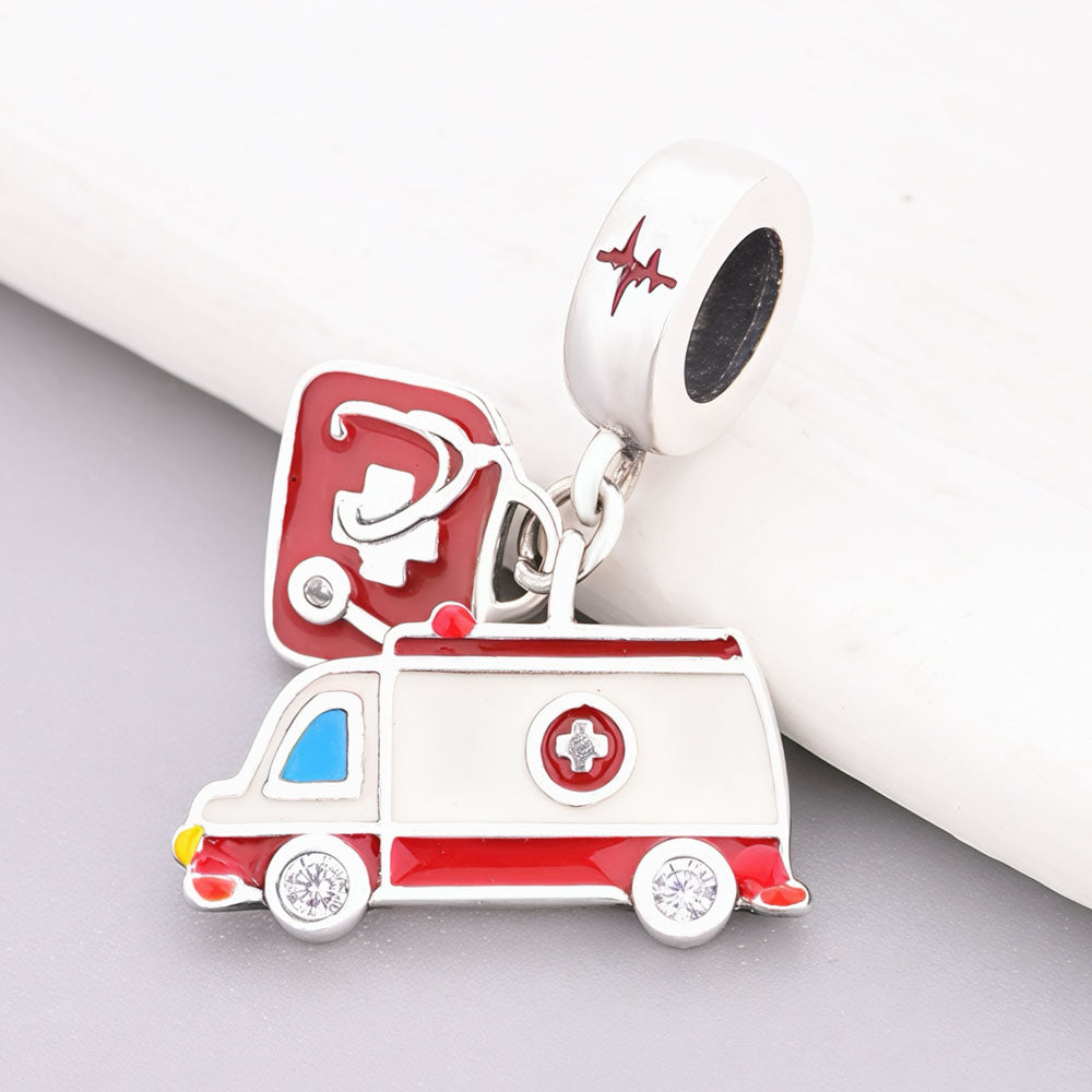 "Lifeline Guardian" - 925 Sterling Silver Ambulance and First Aid Dangle Charm