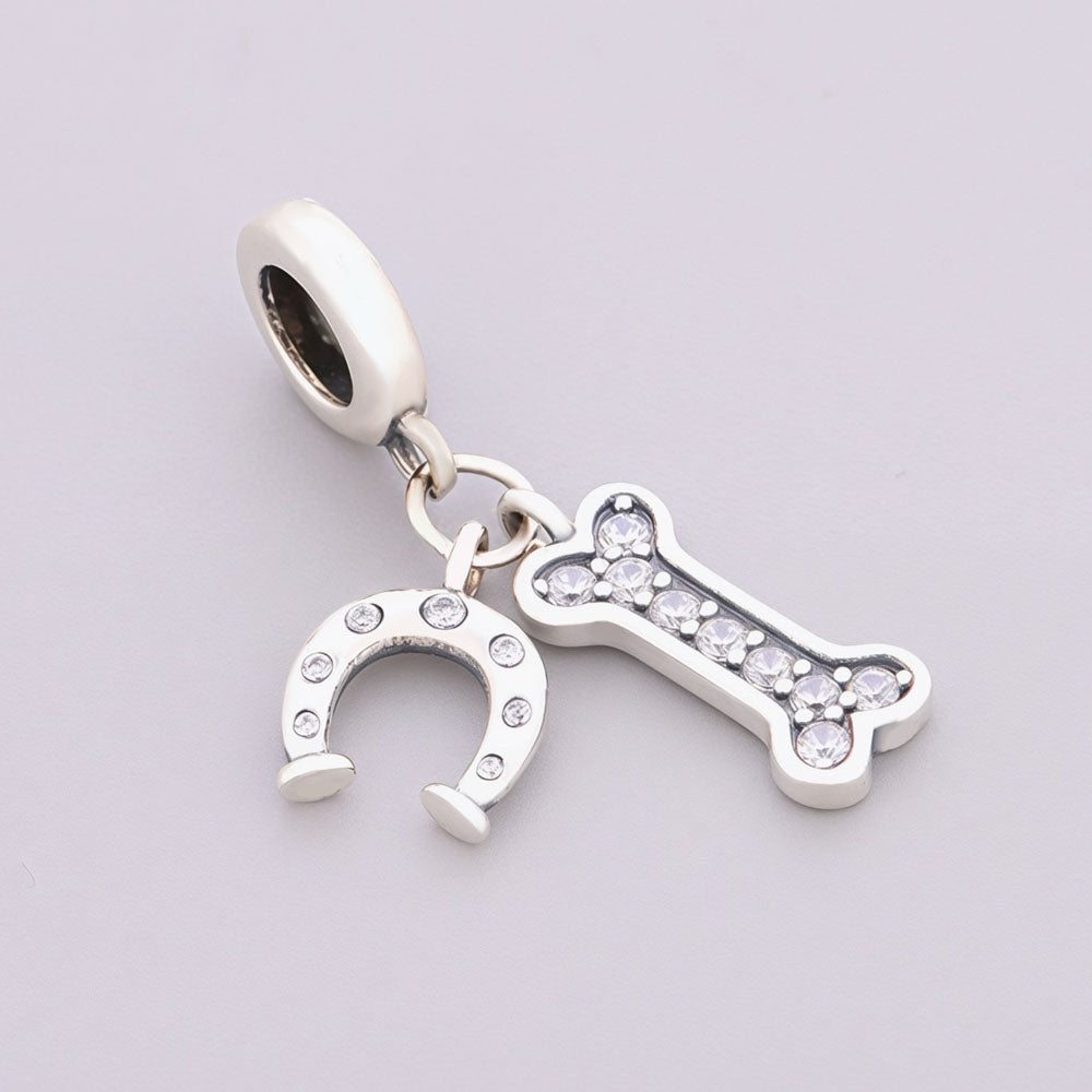 "Loyal Fortune" - 925 Sterling Silver Horseshoe and Bone Dangle Charm