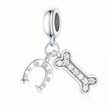 "Loyal Fortune" - 925 Sterling Silver Horseshoe and Bone Dangle Charm