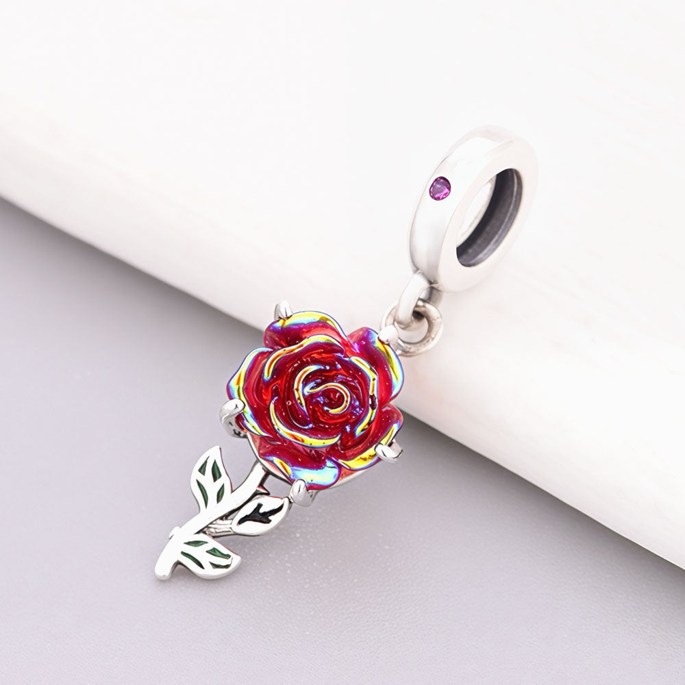 "Enchanted Rose" Iridescent Red Rose Dangle Charm - 925 Sterling Silver & Enamel