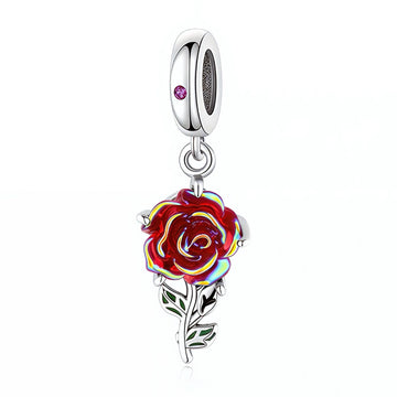 "Enchanted Rose" Iridescent Red Rose Dangle Charm - 925 Sterling Silver & Enamel