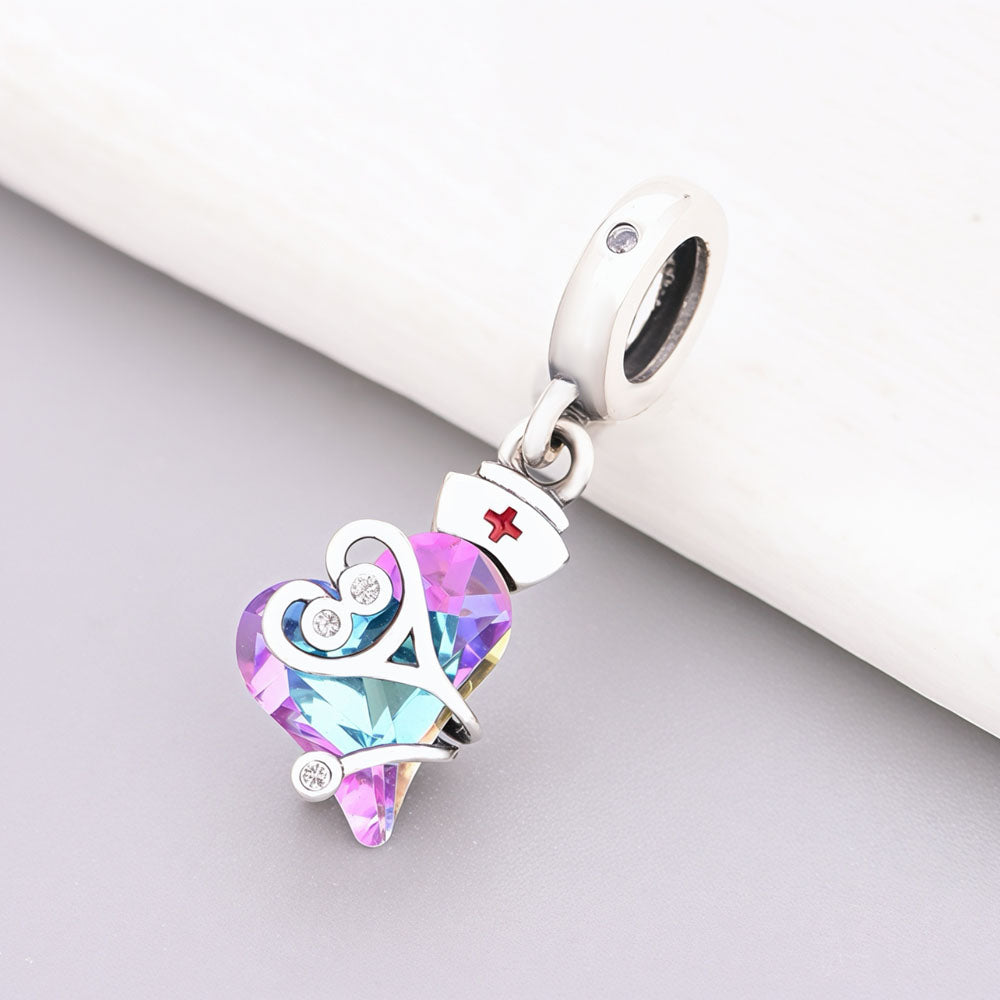 "Guardian Pulse" - 925 Sterling Silver Nurse Cap and Stethoscope Dangle Charm