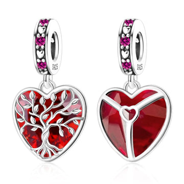 "Eternal Roots" - 925 Silver Red Zircons Family Tree Heart Dangle Charm