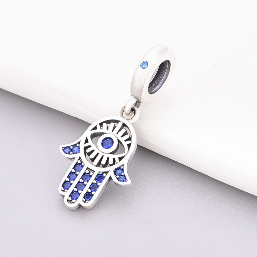 "Divine Watch" - 925 Silver Hamsa Hand Evil Eye Blue Zirconia Dangle Charm