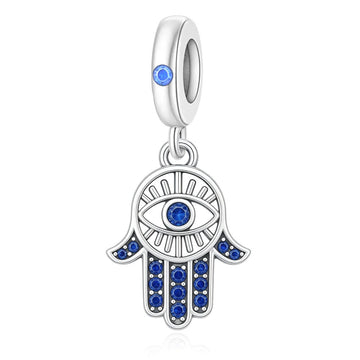 "Divine Watch" - 925 Silver Hamsa Hand Evil Eye Blue Zirconia Dangle Charm