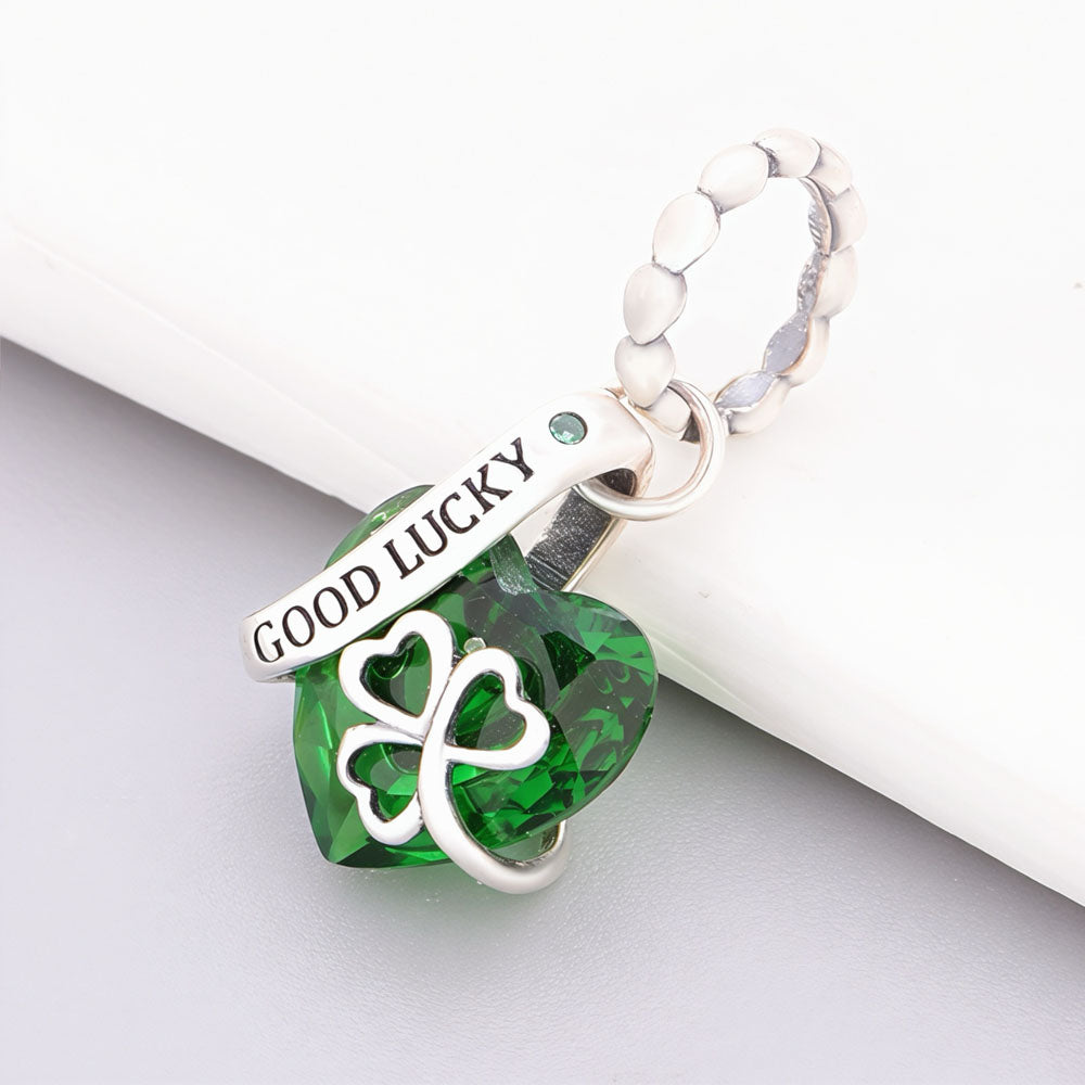 "Fortunate Rhythm" - 925 Silver Clover Green Zirconia Heart Dangle Charm