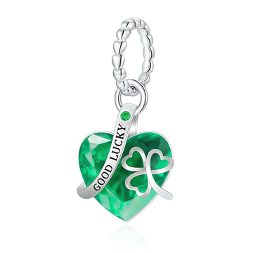 "Fortunate Rhythm" - 925 Silver Clover Green Zirconia Heart Dangle Charm