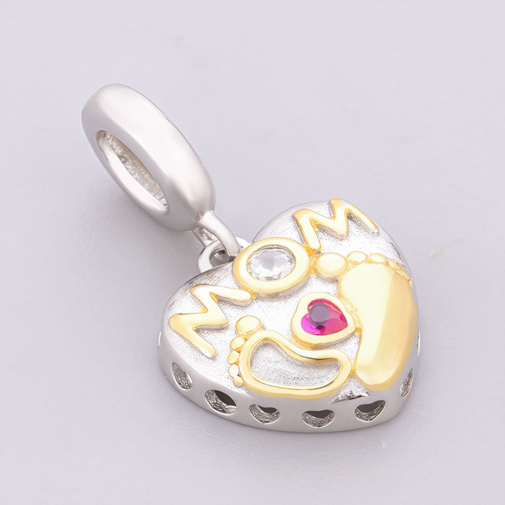 "Golden Footsteps" - 925 Silver Two-Tone "MOM" Baby Feet Heart Dangle Charm