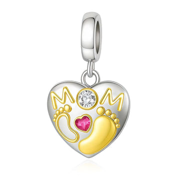 "Golden Footsteps" - 925 Silver Two-Tone "MOM" Baby Feet Heart Dangle Charm