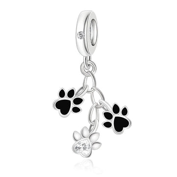 "Soul Paw" - 925 Silver Triple Pet Footprint Tassel Heart Zirconia Dangle Charm
