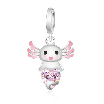"Eternal Smile" - 925 Silver Axolotl Hugging Pink Heart Zirconia Dangle Charm