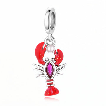 "Eternal Lobster" - 925 Silver Red Enamel & Marquise Zirconia Dangle Charm
