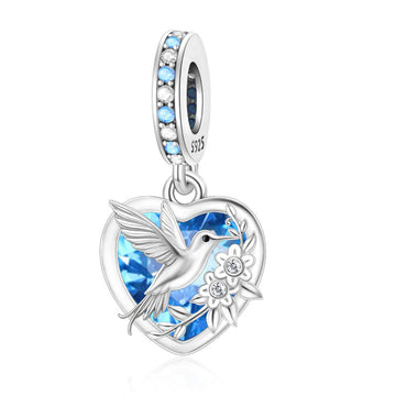 "Ethereal Flight" - 925 Silver Hummingbird & Flower Blue Zirconia Heart Dangle Charm
