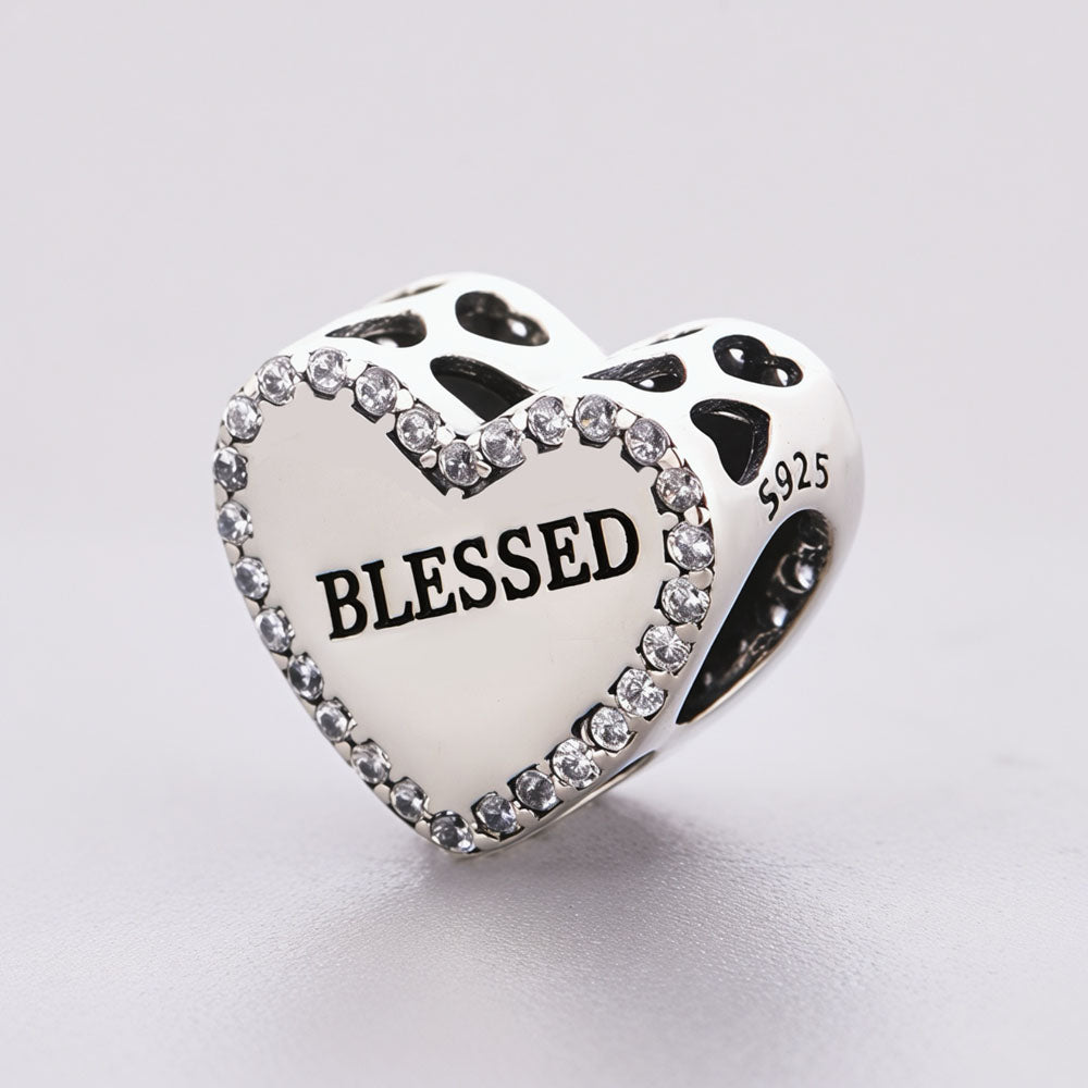 "Divine Gratitude" - 925 Silver Sparkling Heart "BLESSED" Charm