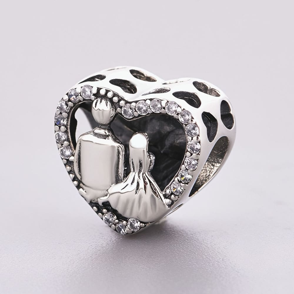 "Eternal Vow" Bride & Groom Heart Charm - 925 Sterling Silver & CZ