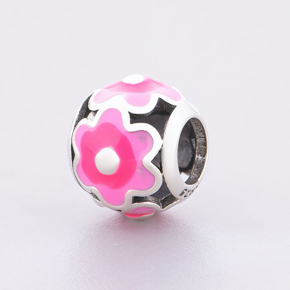 "Floral Symphony" - 925 Silver Pink Enamel Flower Bloom Bead Charm