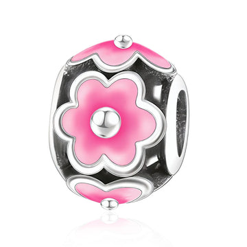 "Floral Symphony" - 925 Silver Pink Enamel Flower Bloom Bead Charm