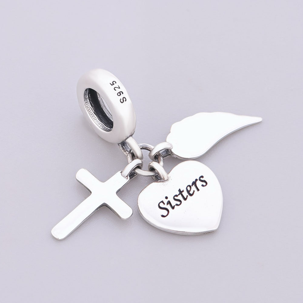 "Eternal Keepsake" - 925 Silver Angel Wing & Cross Heart Message Dangle Charm