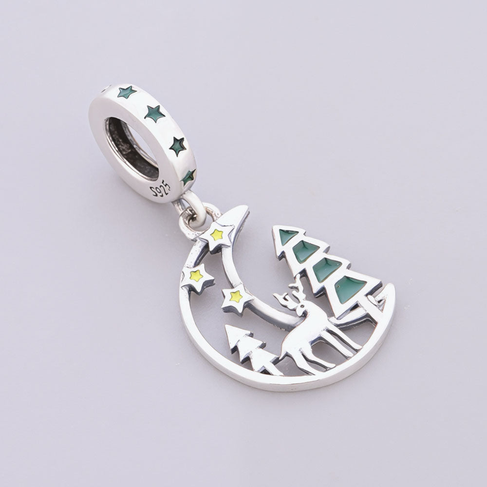 "Silent Solstice" - 925 Silver Reindeer & Evergreen Crescent Moon Dangle Charm