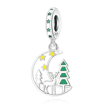"Silent Solstice" - 925 Silver Reindeer & Evergreen Crescent Moon Dangle Charm