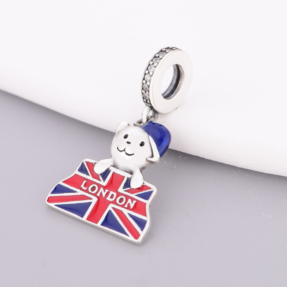 "London Wanderlust" - 925 Silver British Bear & Union Jack Flag Dangle Charm