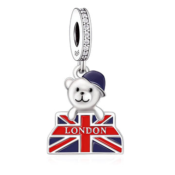 "London Wanderlust" - 925 Silver British Bear & Union Jack Flag Dangle Charm