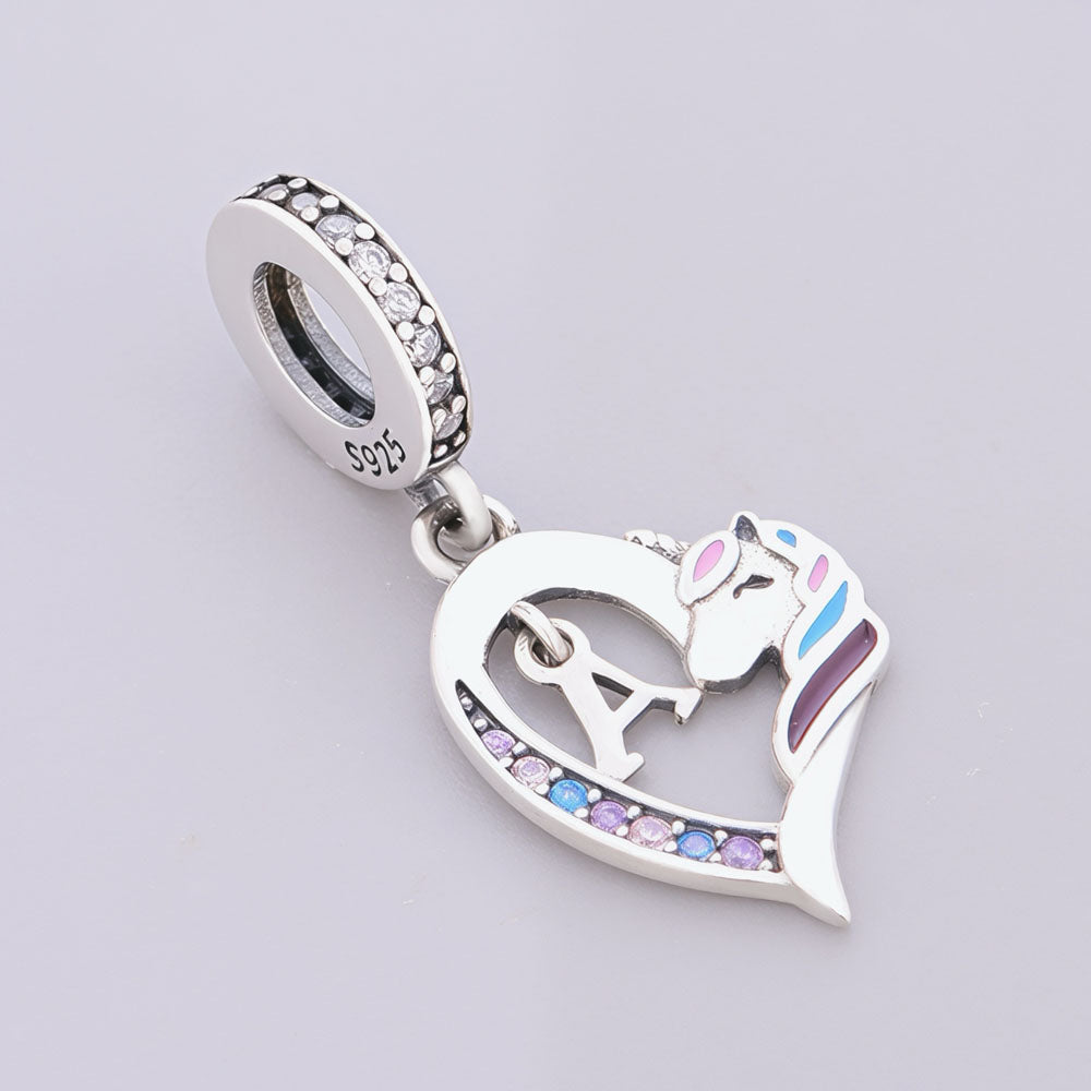 "Unicorn Dream" Personal Alphabet Initial Dangle Charm - 925 Sterling Silver & Colorful CZ