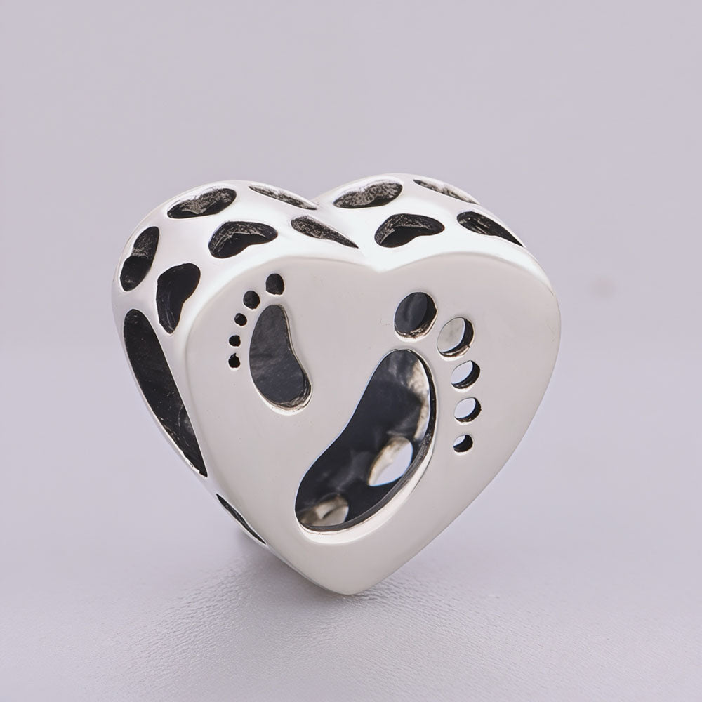 "Eternal Imprint" - 925 Silver "Always In My Heart" Tiny Footprints Heart Charm