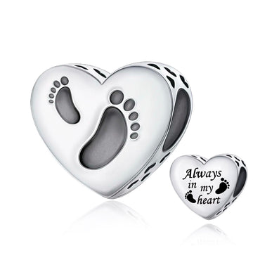 "Eternal Imprint" - 925 Silver "Always In My Heart" Tiny Footprints Heart Charm
