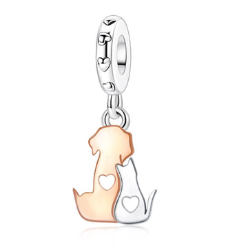 "Soulful Kinship" - 925 Silver Rose Gold Two-Tone Cat & Dog Dangle Charm