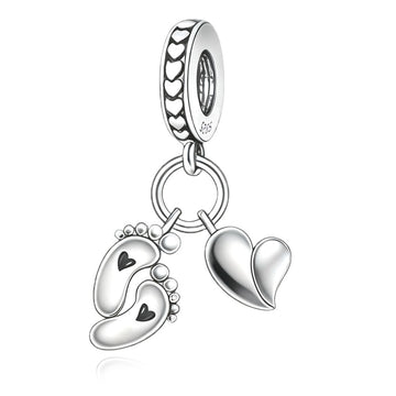 "Newborn Echo" - 925 Silver Baby Footprints & Polished Heart Dangle Charm