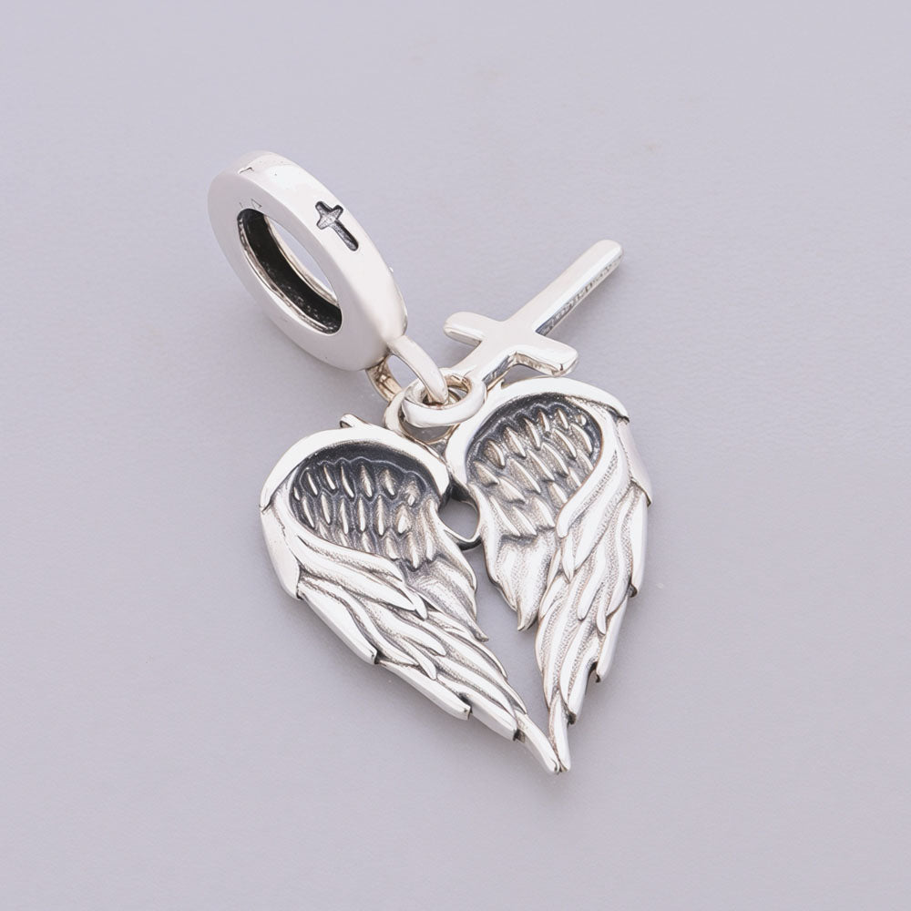 "Divine Guidance" - 925 Silver Angel Wings & Sacred Cross Dangle Charm