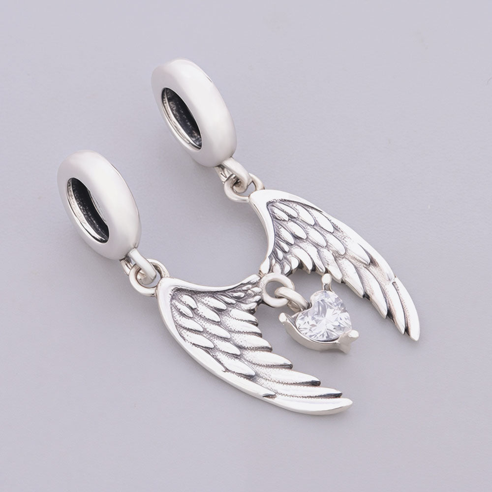 "Divine Guardian" Wings Dangle - 925 Silver Heart-Cut Zircon Reflection Charm