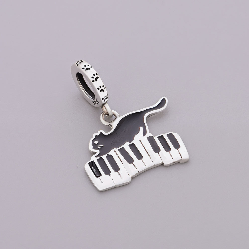 "Melodic Muse" Piano Cat Dangle - 925 Silver Black Enamel Musical Charm