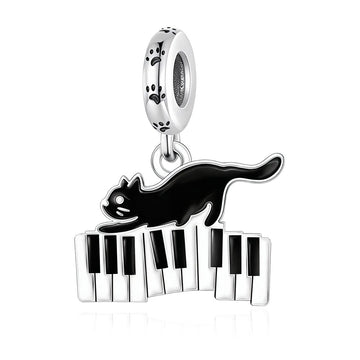 "Melodic Muse" Piano Cat Dangle - 925 Silver Black Enamel Musical Charm