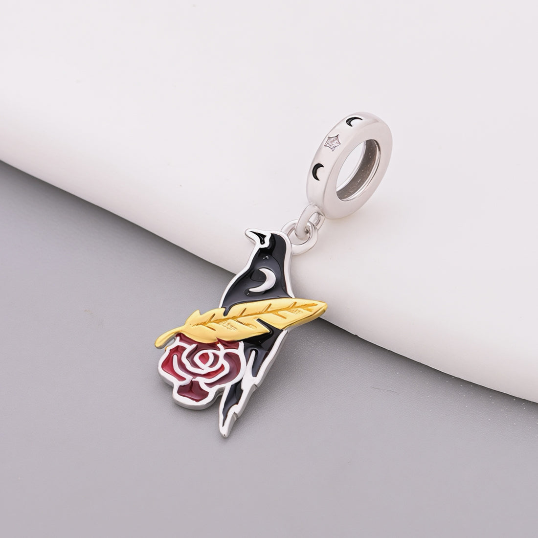 925 sterling silver Crow bead with yellow feathers and red roses