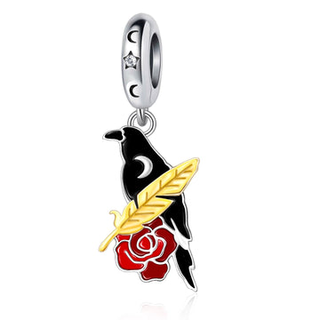 925 sterling silver Crow bead with yellow feathers and red roses