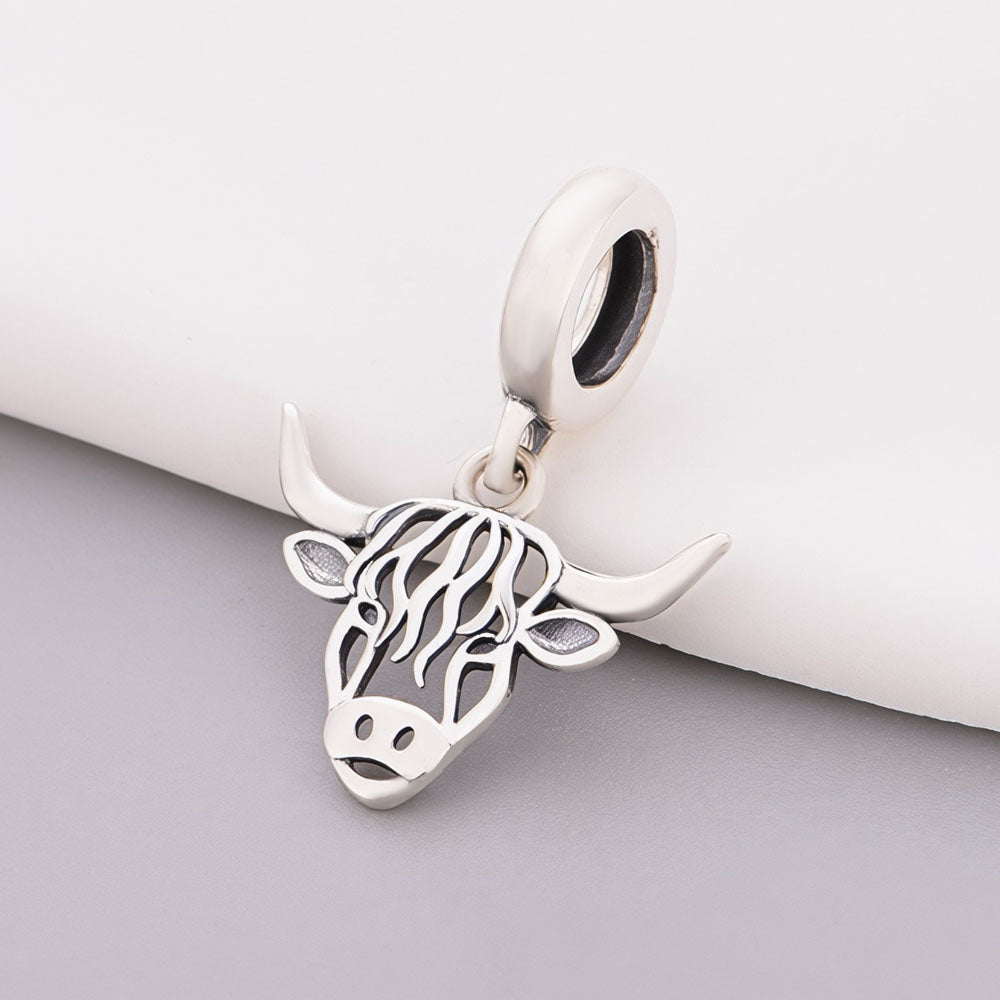 "Wild Highlands" Cow Dangle - 925 Sterling Silver Openwork Heifer Charm