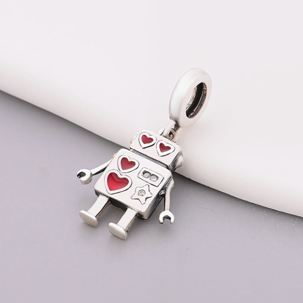 "Heartwired" Robot - 925 Silver Red Enamel Heart & "Be Mine" Dangle Charm