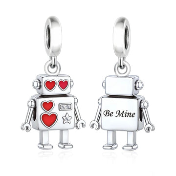 "Heartwired" Robot - 925 Silver Red Enamel Heart & "Be Mine" Dangle Charm