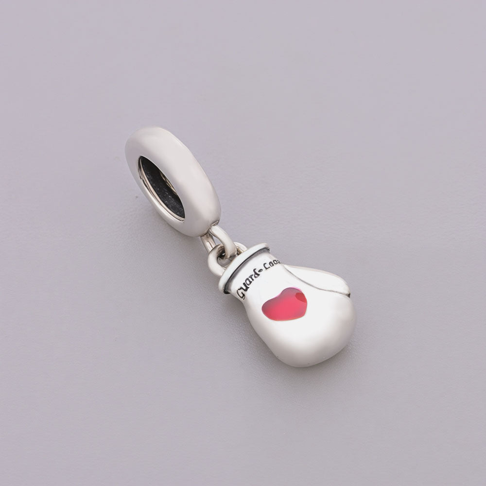 "Guard Love" Boxing Glove - 925 Silver Red Enamel Heart Dangle Charm