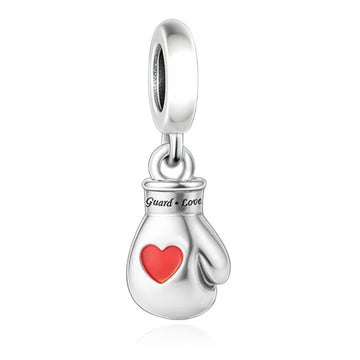 "Guard Love" Boxing Glove - 925 Silver Red Enamel Heart Dangle Charm